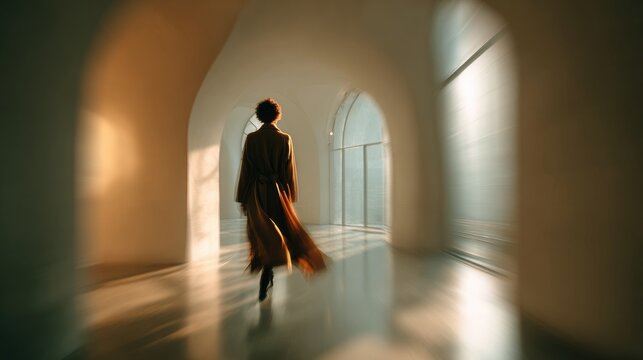 Woman in a long coat walking through a bright minimalist corridor. Her body is slightly blurred while the space remains sharp and structured.