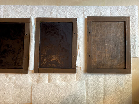 Preparing the blank tablets. Wax book model or Cera (tabula cerata). Medieval book analogue. Wood polyptych, study of history