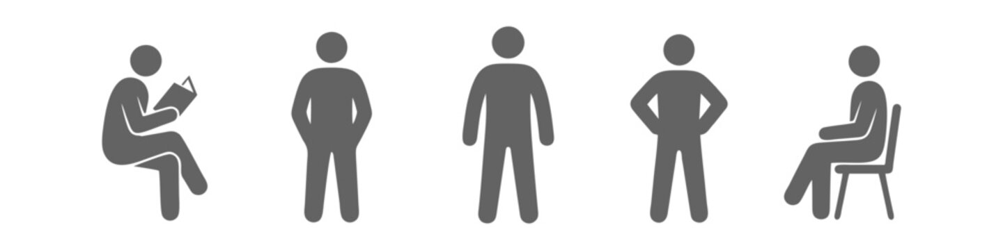 Set of basic human stick figure pictograms showing various standing and sitting poses.