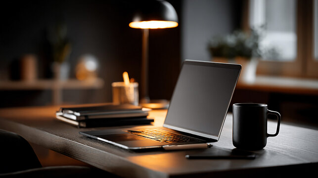 Laptop computer rests on a dark wooden desk beside a black ceramic coffee mug in a dimly lit office environment that features a warm lamp and stationery supplies for a professional workspace.