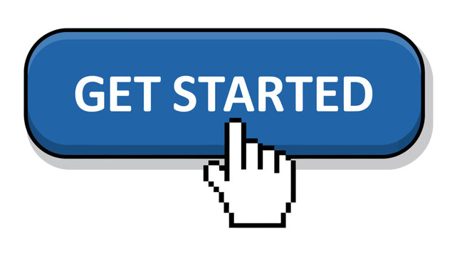 Blue get started web button with pixelated hand cursor pointer for website navigation and interface design