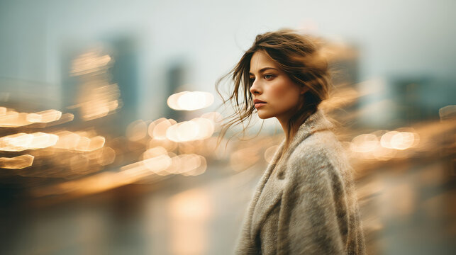 Young woman in a flowing neutral-toned coat walking forward with sharp focus. City background stretches into horizontal motion blur under soft evening light.