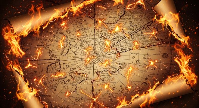 Ancient map ablaze a dramatic depiction of knowledge lost to flames and time's ravages