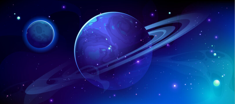 Space background with distant planets and glowing stars scattered across the night universe. Cartoon vector illustration with cosmic nebula, starry sky elements and alien world landscape design.