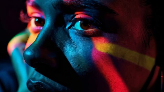 Dramatic close up portrait of a beautiful woman's face with a colorful rainbow light projected onto her skin, creating a vibrant and futuristic neon effect on a dark background