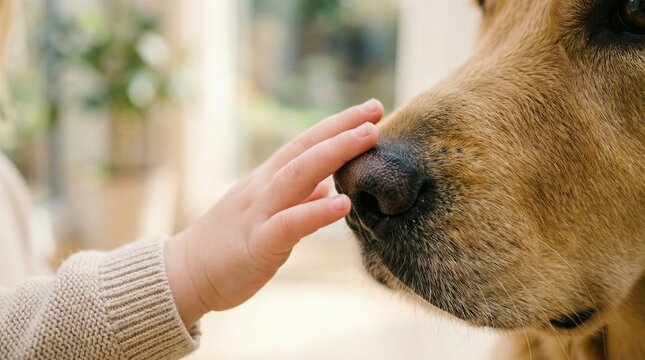 Close up of a young child's hand gently touching a dog's nose, showcasing a moment of pure connection, trust, and friendship between a toddler and their faithful golden pet at home.