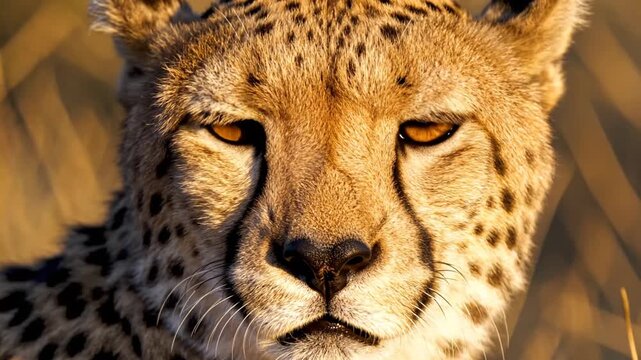 Close-up portrait of a cheetah with an intense gaze in warm sunlight.