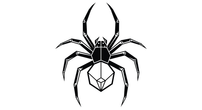 Black and white illustration of a large spider with geometric patterns on its body isolated on a plain white background for gothic art.
