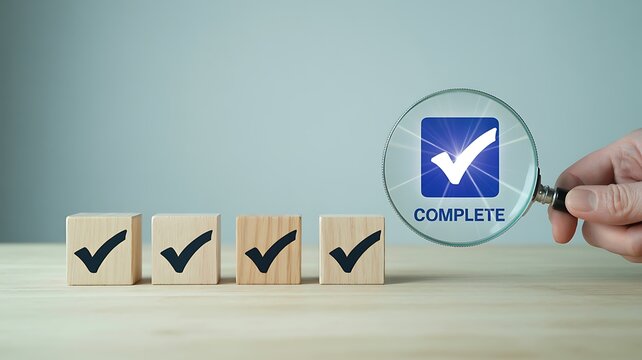 Business task completion and checklist success concept with verified blocks and complete approval stamp