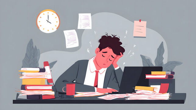 Tired office worker with too much paperwork, work overload and stress illustration
