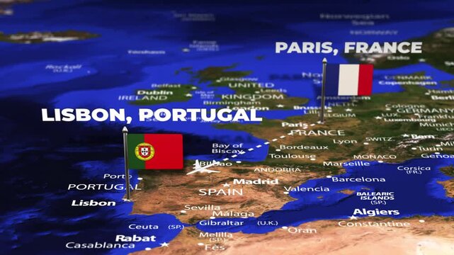 Flight From Paris FRANCE to Lisbon PORTUGAL with flag pins