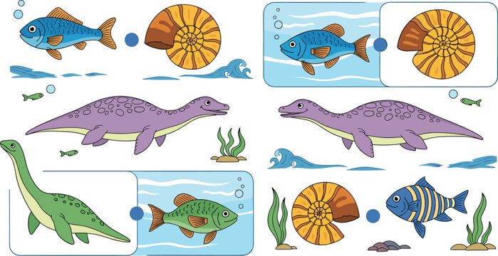 Prehistoric Marine Life Vector Set with Plesiosaurs, Fish, Ammonite Fossils, Sea Plants, and Underwater Elements for Educational Illustrations, Children Designs, and Ocean Science Themes.
