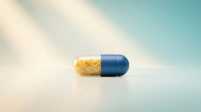 A single blue and clear medicine capsule filled with small yellow and orange pellets sitting in soft light