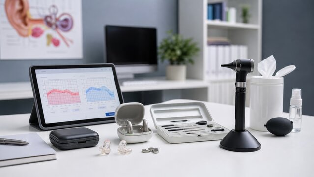 Workspace setup with hearing aids, medical equipment, and charts in a clinical setting during daytime for hearing assessments and consultations