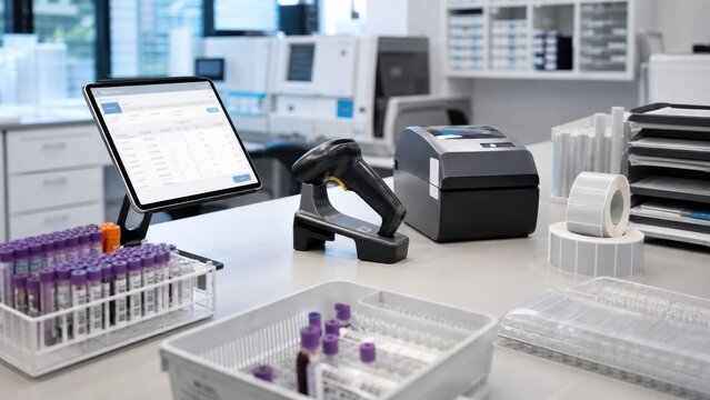 Laboratory workspace with equipment and supplies for testing samples and managing data at a healthcare facility during the daytime