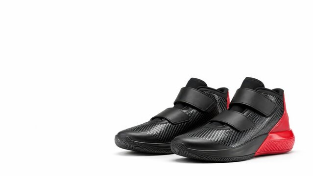 Modern chunky black and red basketball shoes equipped with wide black velcro straps instead of laces sleek carbon fiber texture with bold red heel cushions