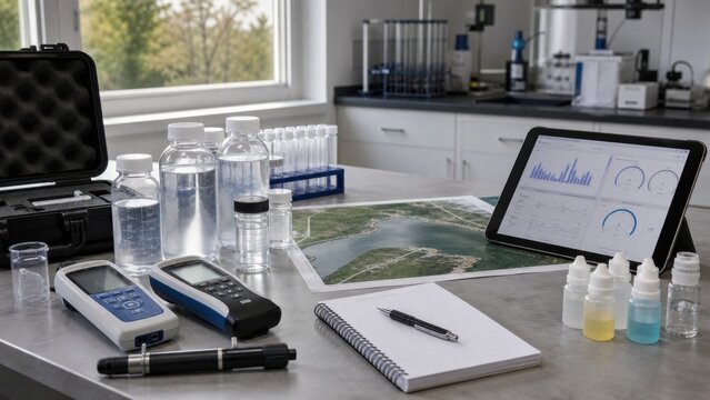 Water testing equipment and analysis tools on a lab table with various containers and a map showing a water body location