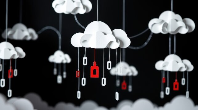 Paper clouds hang suspended, displaying binary code. Red shapes contrast with white against dark background. Minimalist design.