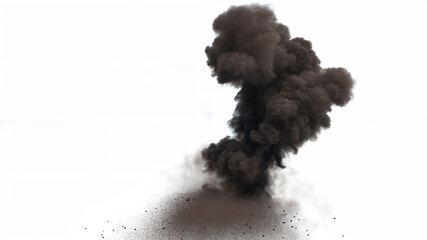 Dense dark cloud of smoke and debris from a missile impact rises upward with particles and dust trail downward from the plume on a white background © ShkYo30