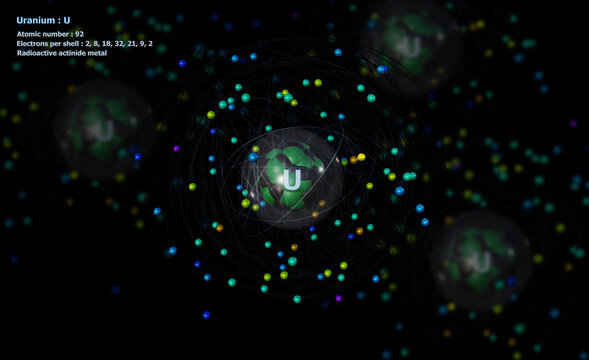 Atom of Uranium with detailed Core and its 92 Electrons on black with other atoms in background