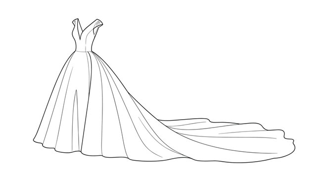 Elegant line art drawing of a bridal gown features a classic off the shoulder bodice and a very long flowing train for a wedding theme.