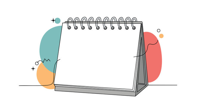 Blank desk calendar template is set against a background of colorful abstract shapes and sparkles for a creative and modern design.