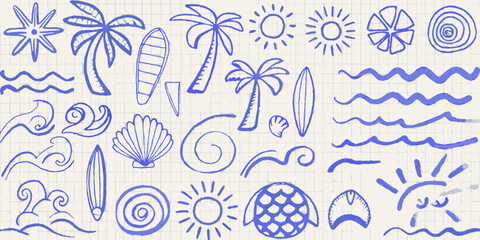 Hand drawn blue doodle set of summer beach elements on lined paper background high quality © Sudhakar