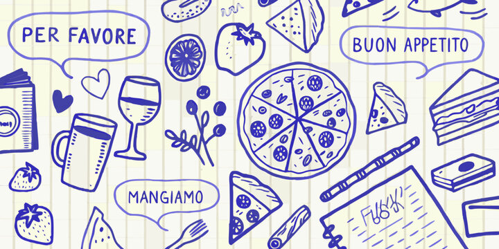 Hand drawn italian food illustration with pizza pasta and traditional phrases on lined paper