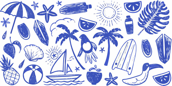 Collection of blue line drawing beach icons and tropical elements on a white background
