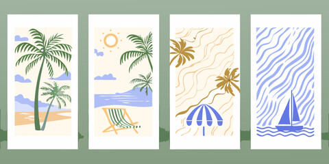 Four minimalist summer themed cards with palm trees beach chairs and ocean scenes high quality © Sudhakar