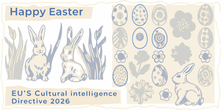 Blue and cream line art collection featuring easter eggs rabbits and floral elements high quality