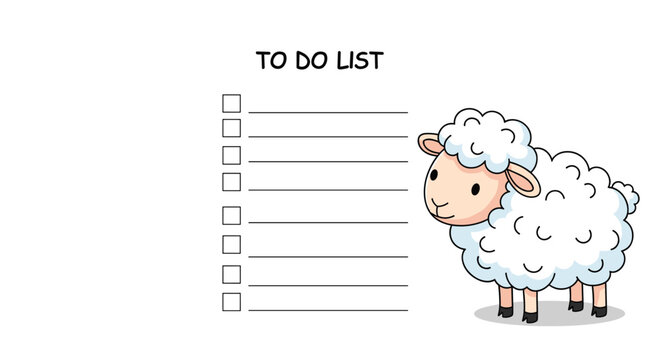 Organized to-do list template featuring a fluffy white cartoon sheep standing on the side of blank checklist lines.