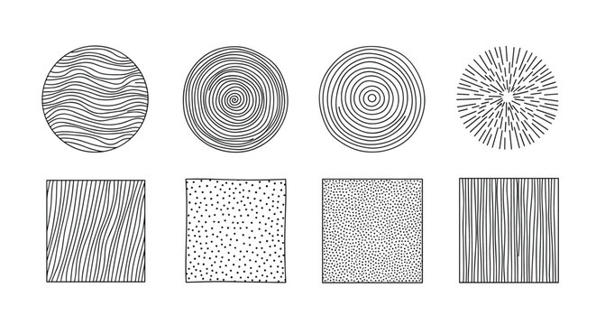 Collection of eight minimalist geometric patterns in circles and squares featuring lines, dots, and waves in black and white.