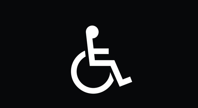 Solid white wheelchair accessibility symbol centered on a solid black background for high contrast signage and wayfinding.
