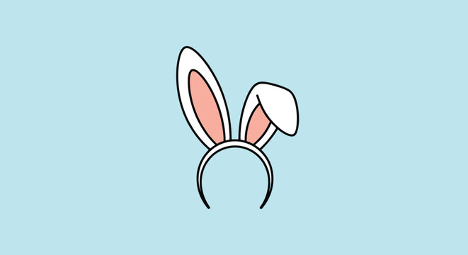 Pair of white bunny ears headband with pink inner lining on a solid light blue background, ideal for easter holiday themes.