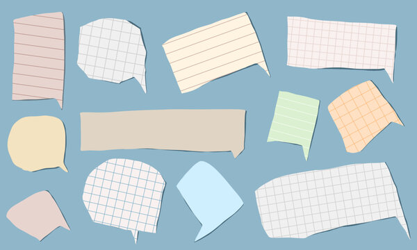 Speech Bubble Set, Ripped Cut Paper Texture, Grid and Striped Patterns, Cute Sticky Notes, Back to School, Pastel Paper Message Frames, Vector Illustrations