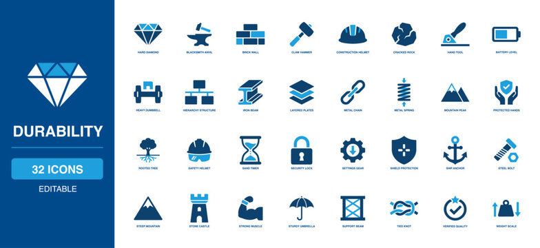 Material Durability Solid Icon Set showcasing sharp diamond, heavy anvil, hard brick, sturdy hammer, safe helmet, tough rock, and rigid shield for robust industrial protection equipment concepts.