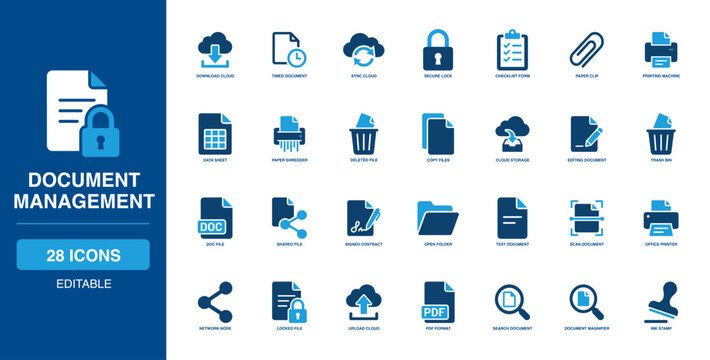 Cohesive Document Management Solid Icon Set with cloud download, daily checklist, paper clip, fast printer, safe shredder, and organized file data for efficient office administrative structures.