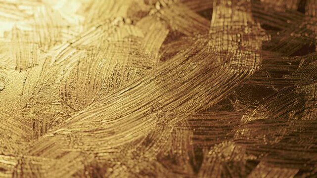 Extreme macro video: shimmering golden metallic texture, fine brush strokes, irregular patterns, soft moving light, dynamic highlights. Concept of ultimate elegance and prestige