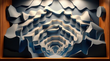 Fototapeta premium Abstract paper layers create tunnel illusion. Dramatic lighting emphasizes depth, texture, form. Minimalist design, dark background.