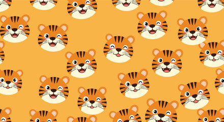 Fototapeta premium Seamless pattern of cute cartoon tiger faces with different expressions on an orange background for kids and wildlife themes.