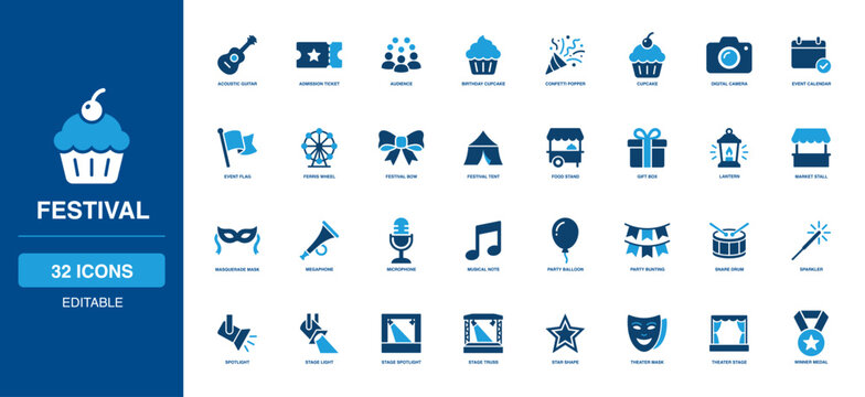 Entertainment Festival Solid Icon Set compiling acoustic guitar, bright party balloon, camera, concert stage, vivid confetti, and classic theater mask shapes for birthday celebration industries.