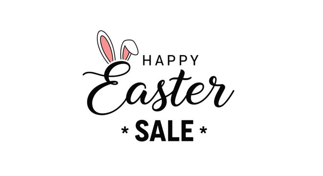 Happy easter sale banner featuring cute bunny ears and elegant script font on a white background for holiday retail promotions.