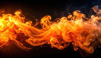 Fototapeta premium Fiery orange and yellow smoke swirls dramatically against a dark background, creating an abstract and captivating visual.