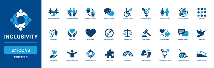 Global Inclusivity Solid Icon Set establishing deep cultural exchange, distinct gender diversity, helpful disability access, and bold sign language indicators for human rights support programs. © Vector IMG
