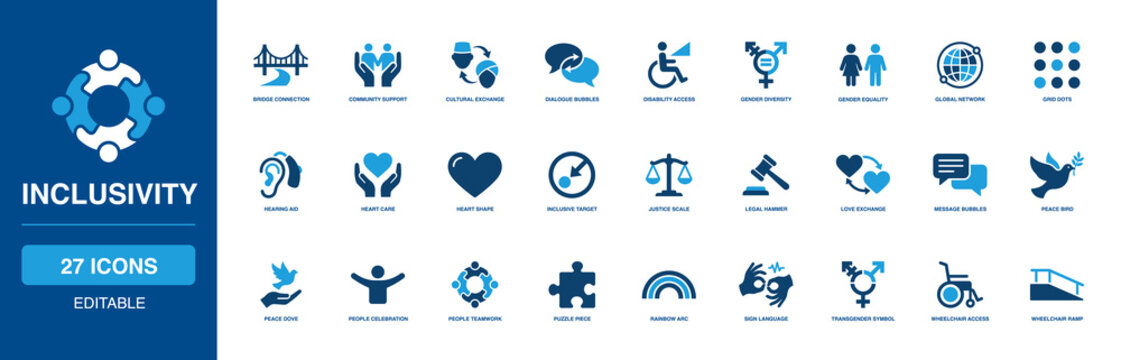 Global Inclusivity Solid Icon Set establishing deep cultural exchange, distinct gender diversity, helpful disability access, and bold sign language indicators for human rights support programs.
