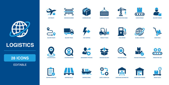 Global Logistics Solid Icon Set tracking robust air freight, cardboard box, heavy cargo container, and speedy delivery truck symbols for broad supply chain distribution and warehouse workflows.