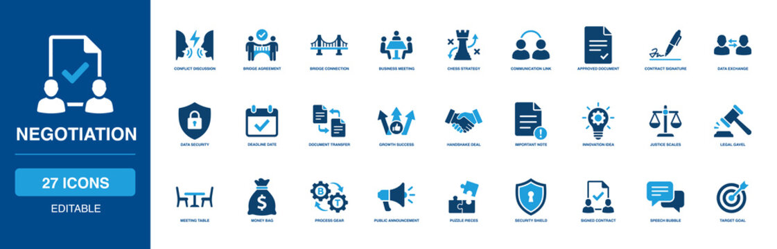 Corporate Negotiation Solid Icon Set mapping conflict discussion, cooperative bridge agreement, finalized contract signature, and mutual handshake deals for business strategy meetings.