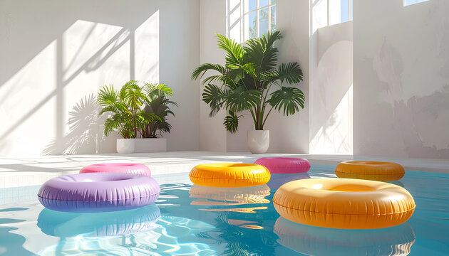 Bright Indoor Swimming Pool with Inflatable Rings and Lush Plants.
