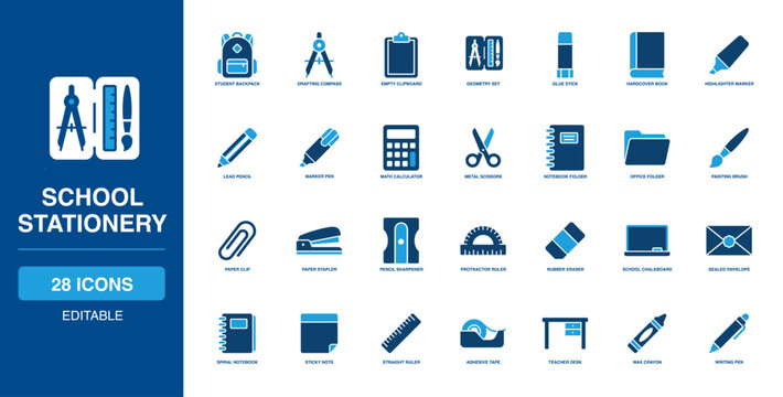 Academic School Stationery Solid Icon Set packed with student backpack, drafting compass, empty clipboard, geometry ruler, glue stick, hardcover book, color highlighter, and lead pencil.